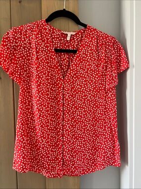Rebecca Taylor Red Floral Split-Neck Short Sleeve Blouse